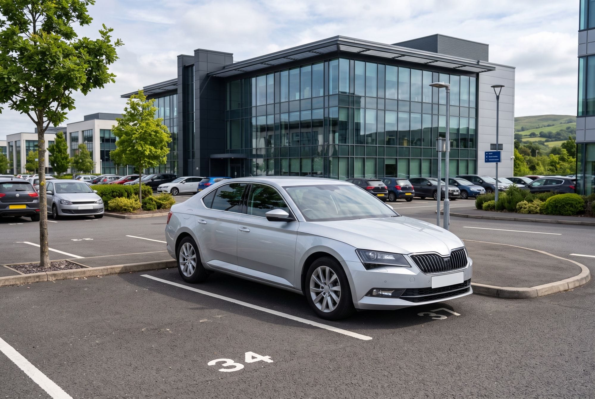 An unbranded corporate hire car parked in a business park car park, representing Hire Me! Vehicle Rentals' plain corporate car hire fleet.