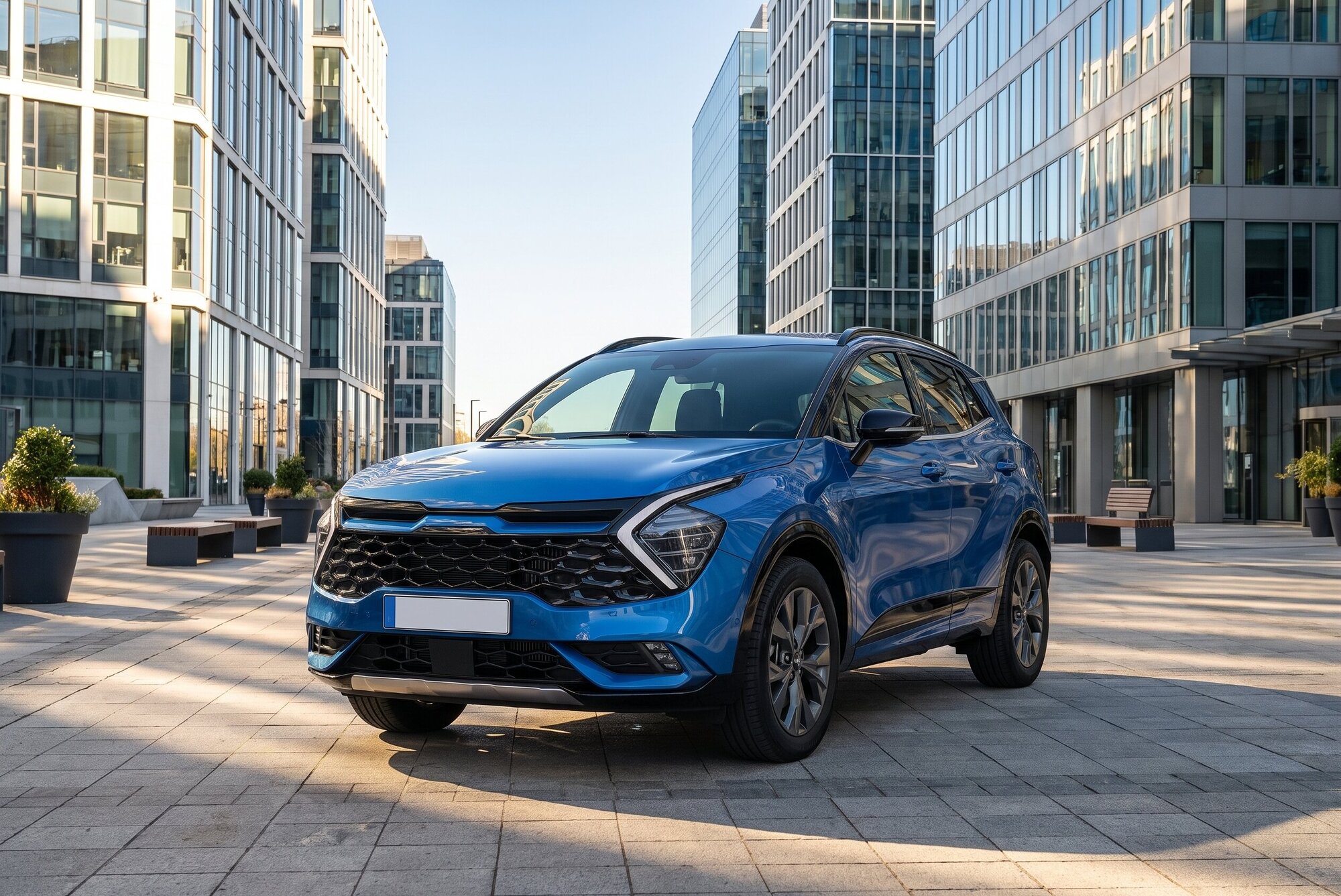 Corporate Car Hire Cardiff City Square A compact SUV available for corporate hire from Hire Me! Vehicle Rentals, parked in a modern city square.