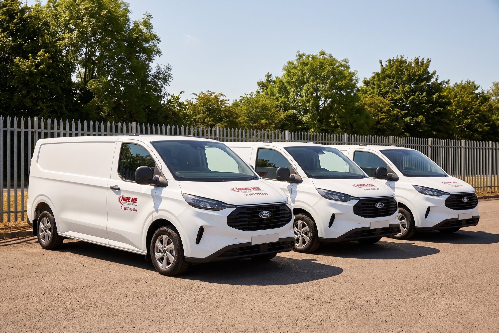 A line of Hire Me! Vehicle Rentals vans on the forecourt, showing the breadth of the hire fleet.