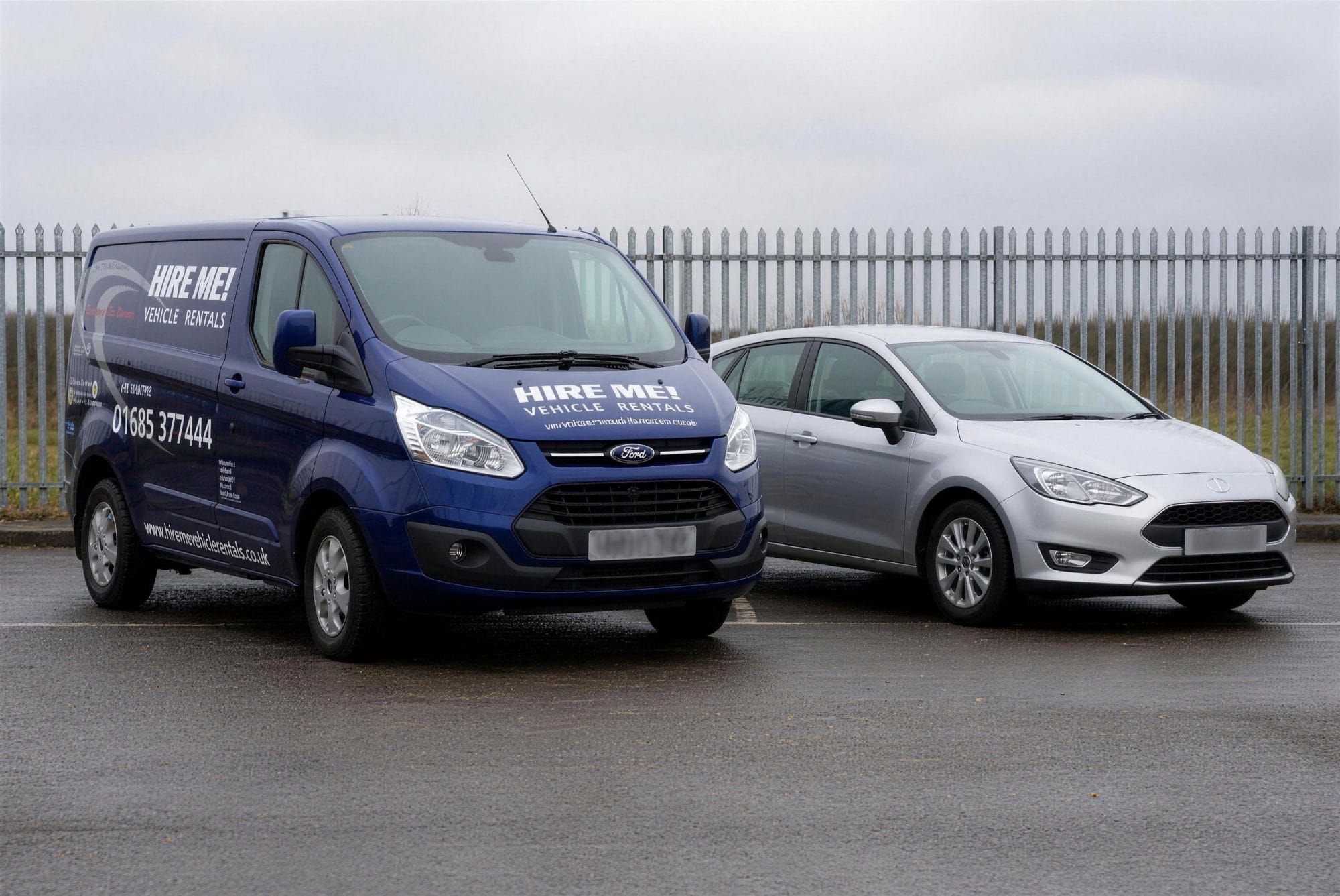 Lineup of corporate hire vehicles in Hire Me! Vehicle Rentals' yard, showing the range for business hire across Cardiff and Merthyr Tydfil.