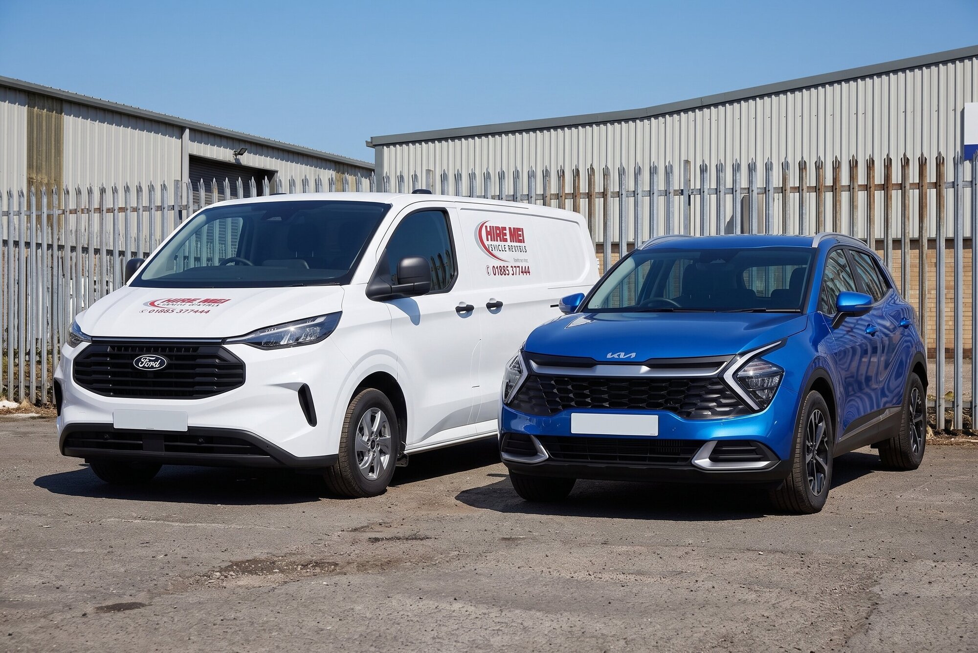 Corporate Fleet Hire Vehicle Yard Cardiff Merthyr A Hire Me! Vehicle Rentals van and a compact SUV on the yard, showing the range available for business hire.