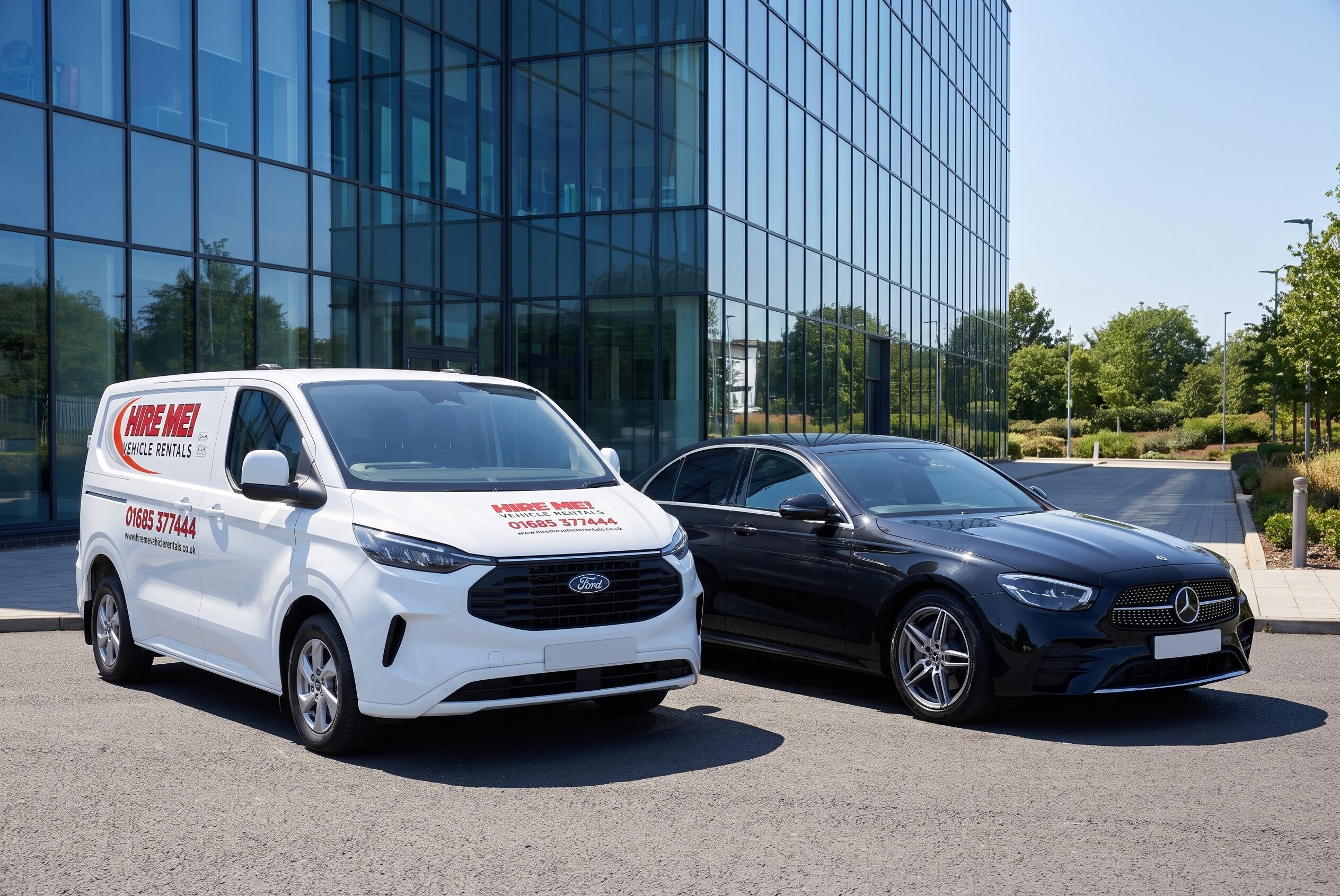 Corporate Van and Chauffeur Hire Cardiff Merthyr A Hire Me! Vehicle Rentals van and an executive saloon parked outside a modern office building, showing the self-drive and chauffeur options for corporate hire.