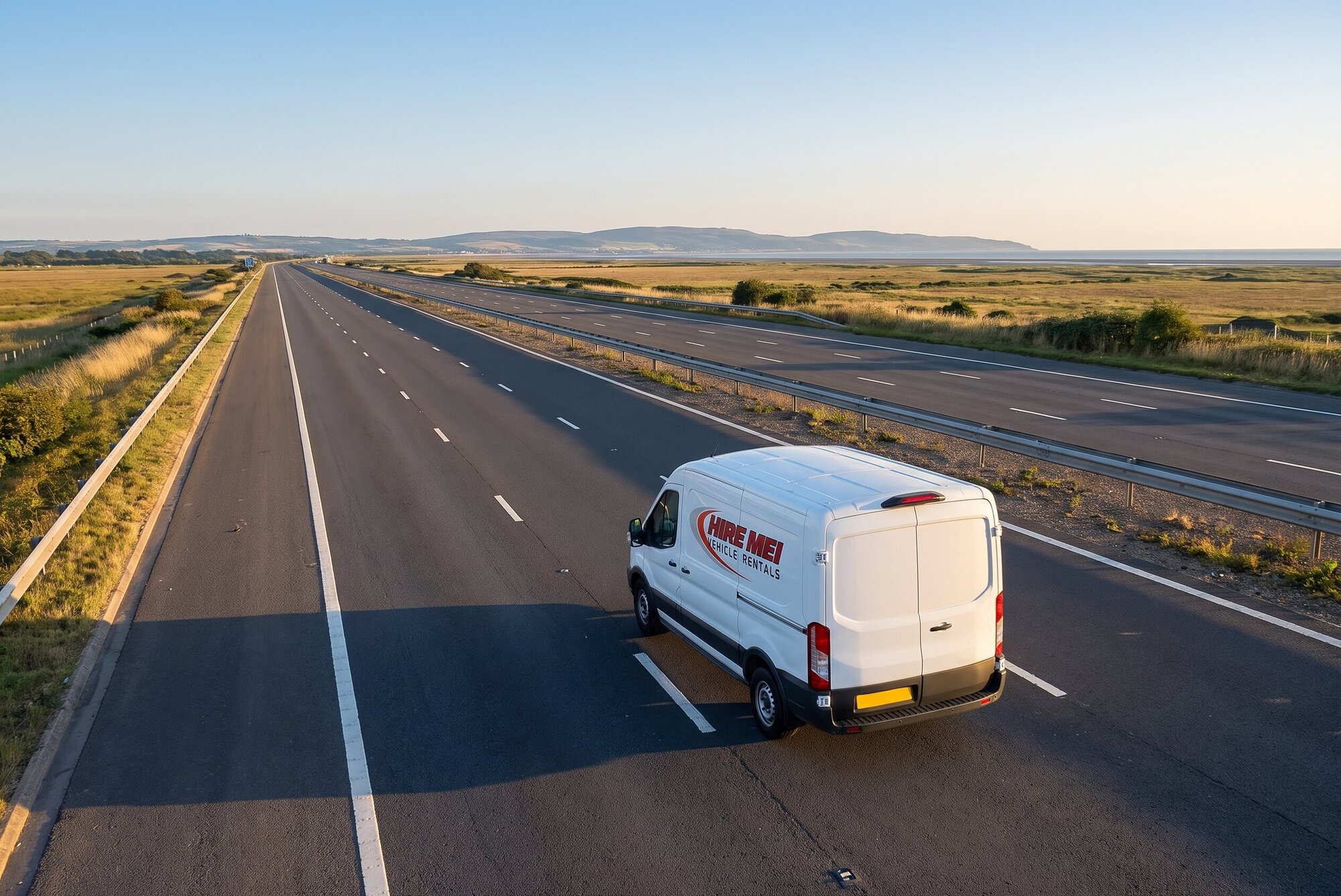 Corporate Van Hire M4 Corridor South Wales A Hire Me! Vehicle Rentals van on the motorway, showing the reach of the corporate hire service across South Wales.