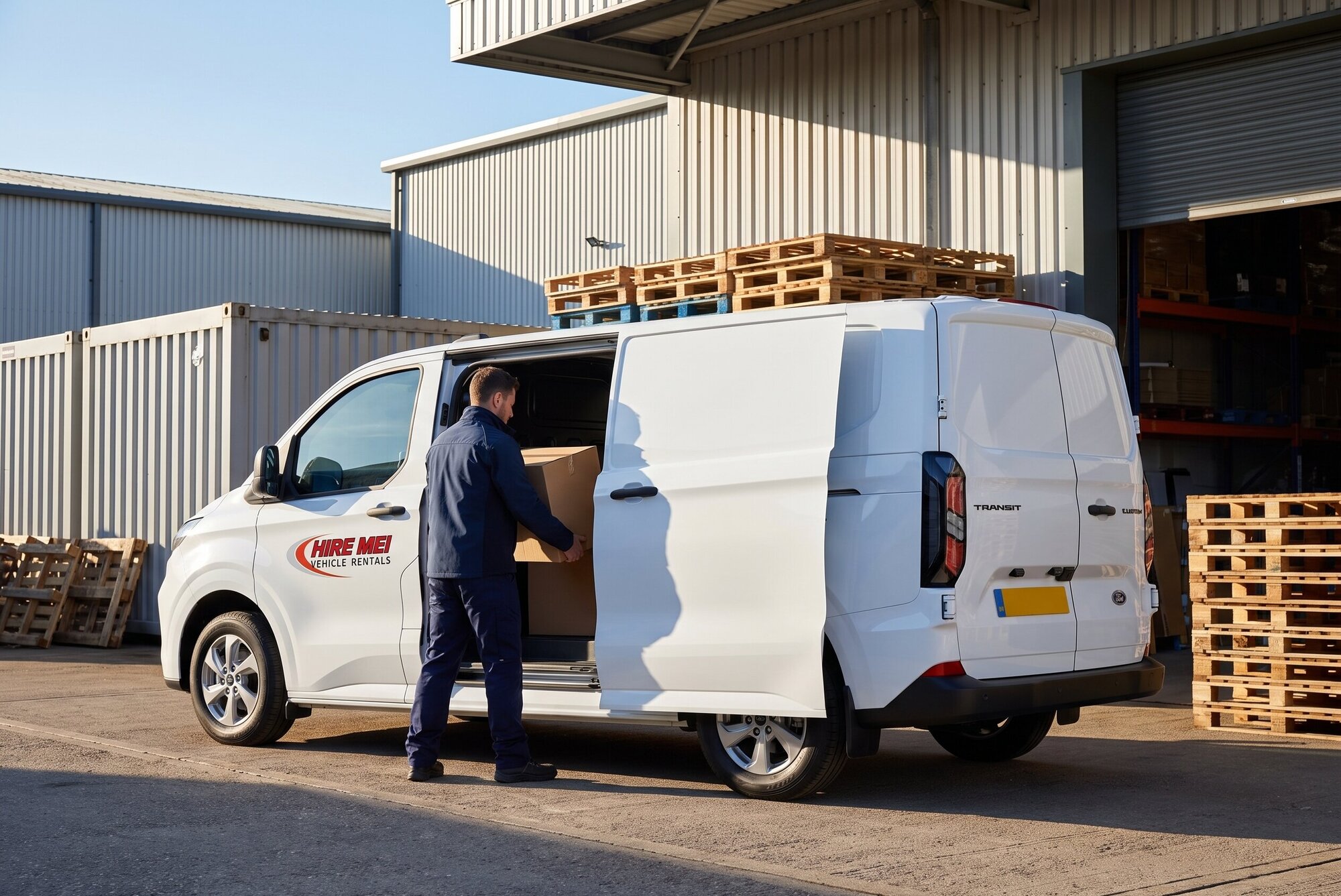 A Hire Me! Vehicle Rentals van being loaded at a warehouse, showing van hire for trade and business use.