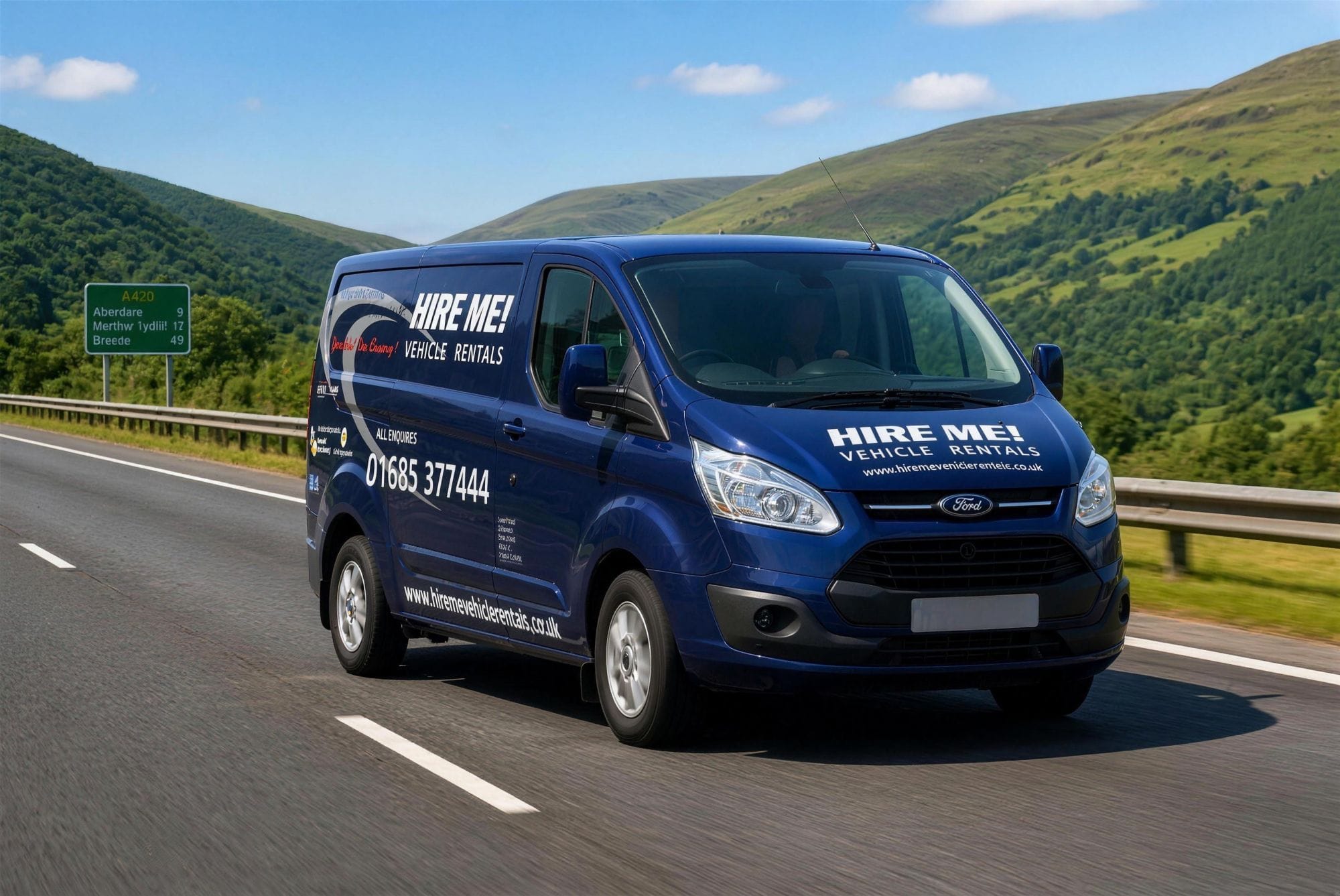 Corporate hire vehicle travelling the A470 through the South Wales valleys, illustrating coverage between the Cardiff and Merthyr Tydfil branches.