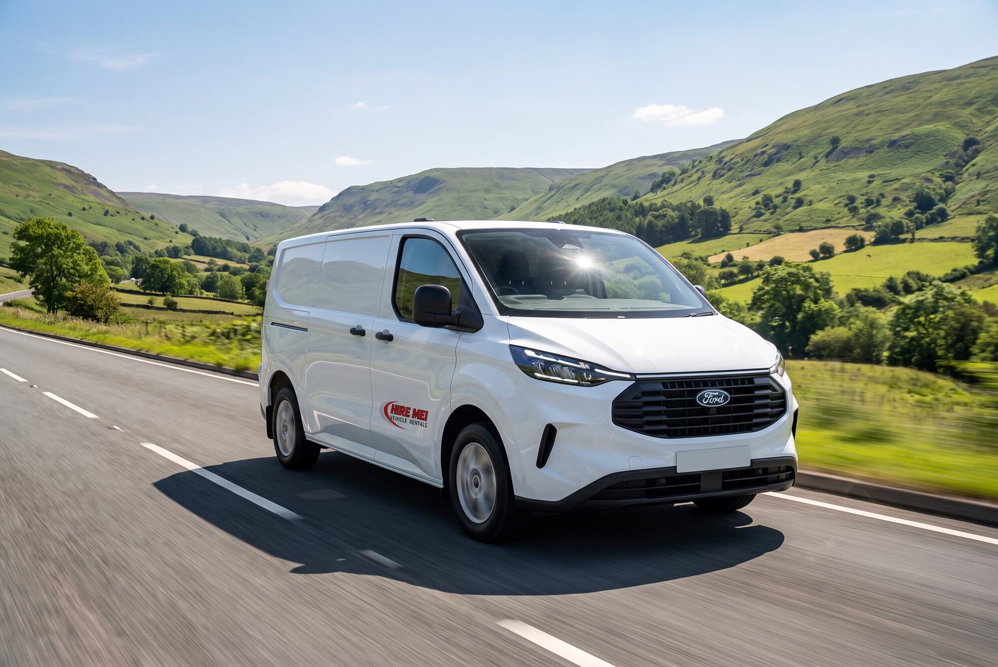 Corporate Vehicle Hire A470 Valleys South Wales A Hire Me! Vehicle Rentals van on the road through the South Wales valleys, between the Cardiff and Merthyr Tydfil branches.