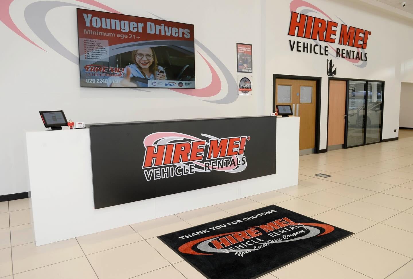Hire Me Cardiff Branch Reception The reception area at the Hire Me! Vehicle Rentals branch in Cardiff, with the booking desk and branded signage.